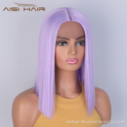 Aisi Hair Medium Long 16 Inch Purple Wig Cosplay Swiss Lace Wig Silky Straight Synthetic Lace Frontal Hair Wigs For Black Women